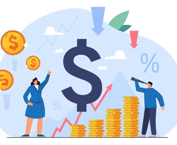 Business people with stacks of coins and arrow going up