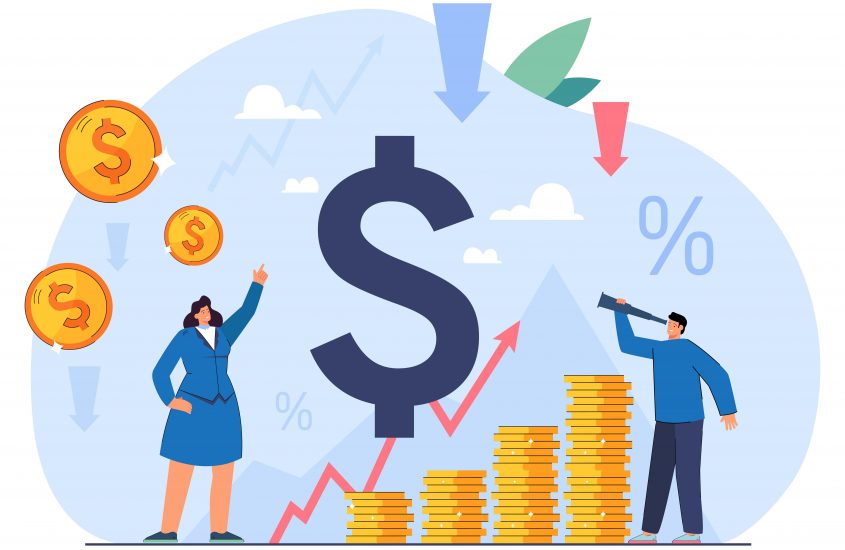 Business people with stacks of coins and arrow going up