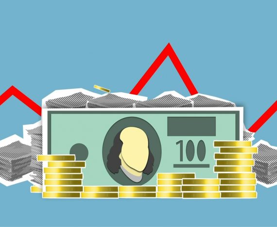 cardboard-illustration-of-paper-money-and-coins-on-blue-background